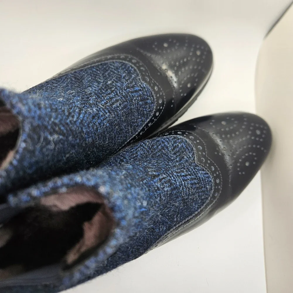 Johnston & Murphy Islander Chelsea Boots Women's 6 Black Leather Blue Tweed SZ 6